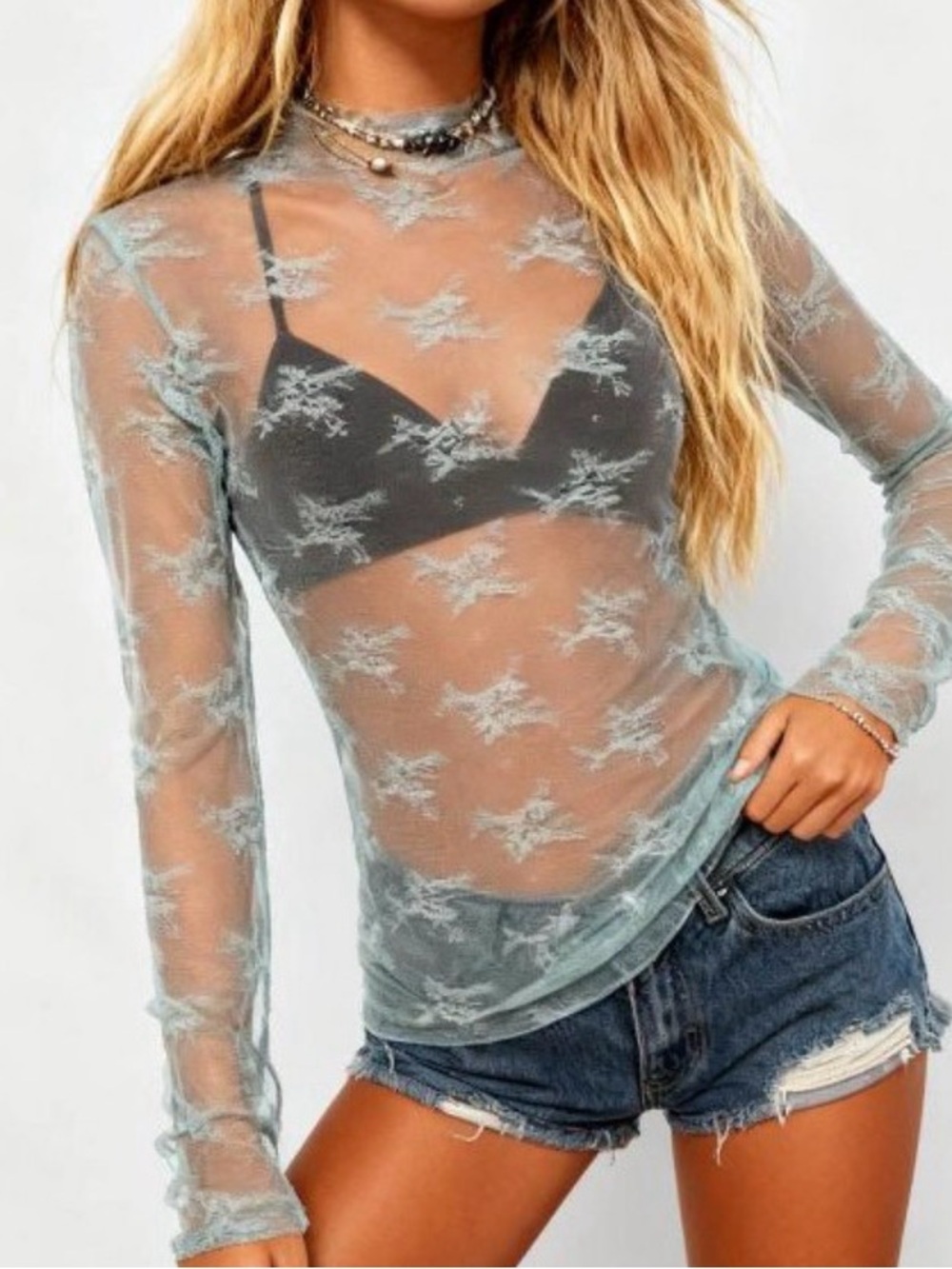 Sheer Lace-Pattern Long Sleeve Top in Light Teal